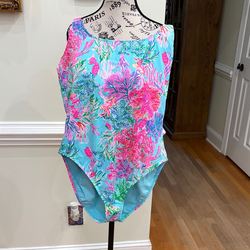 Lilly Pulitzer Aqua One-Piece Swimsuit with Pink Floral Print